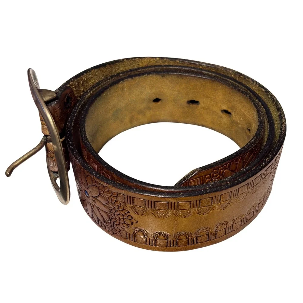 Y2K Vintage Tooled Leather Floral Belt  Brass‎ Buckle Boho Western Flower  36